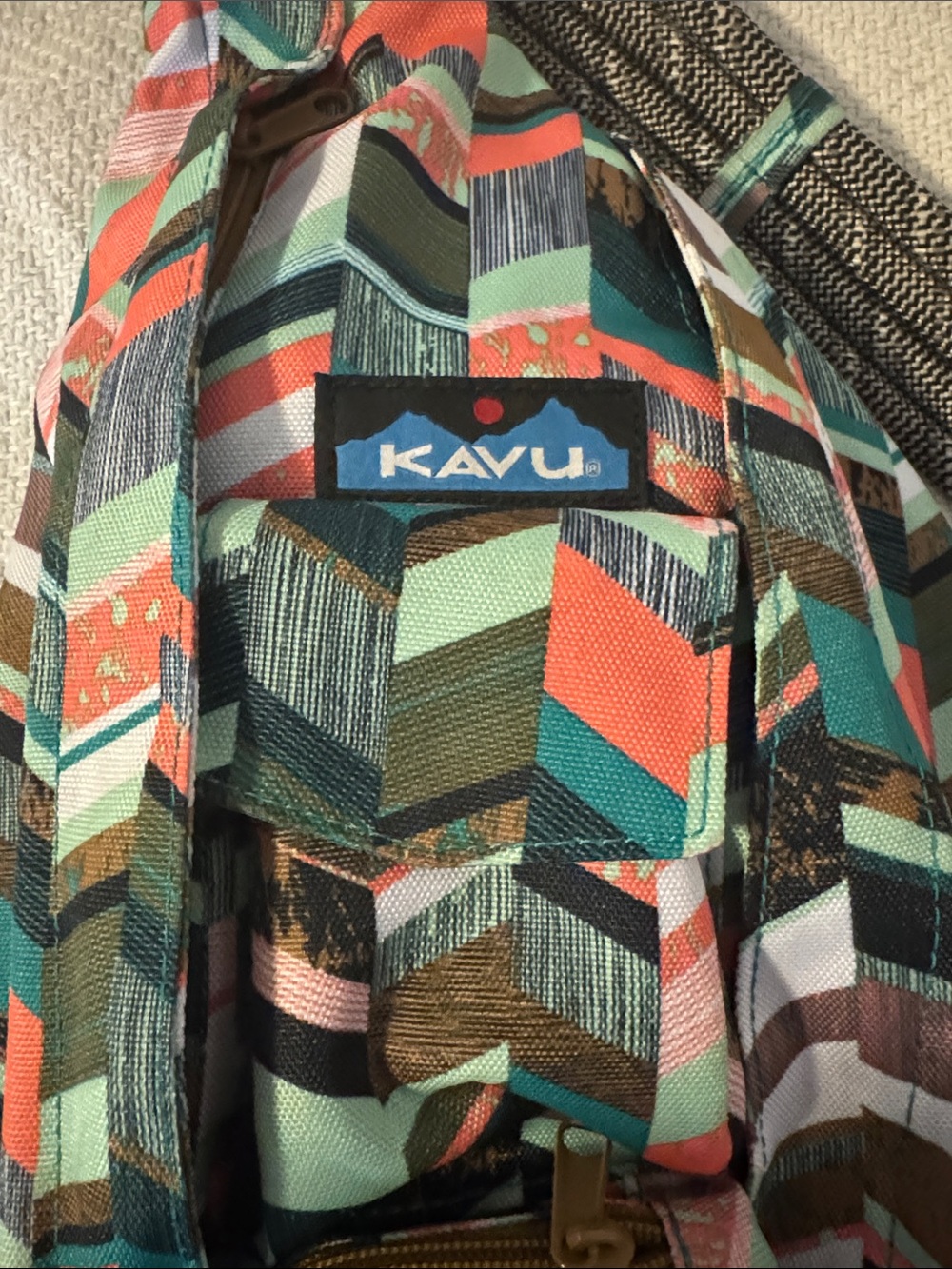 Kavu Teal Multi Chevron Sling Bag with Coral and Brown Accents - Picture 2 of 5